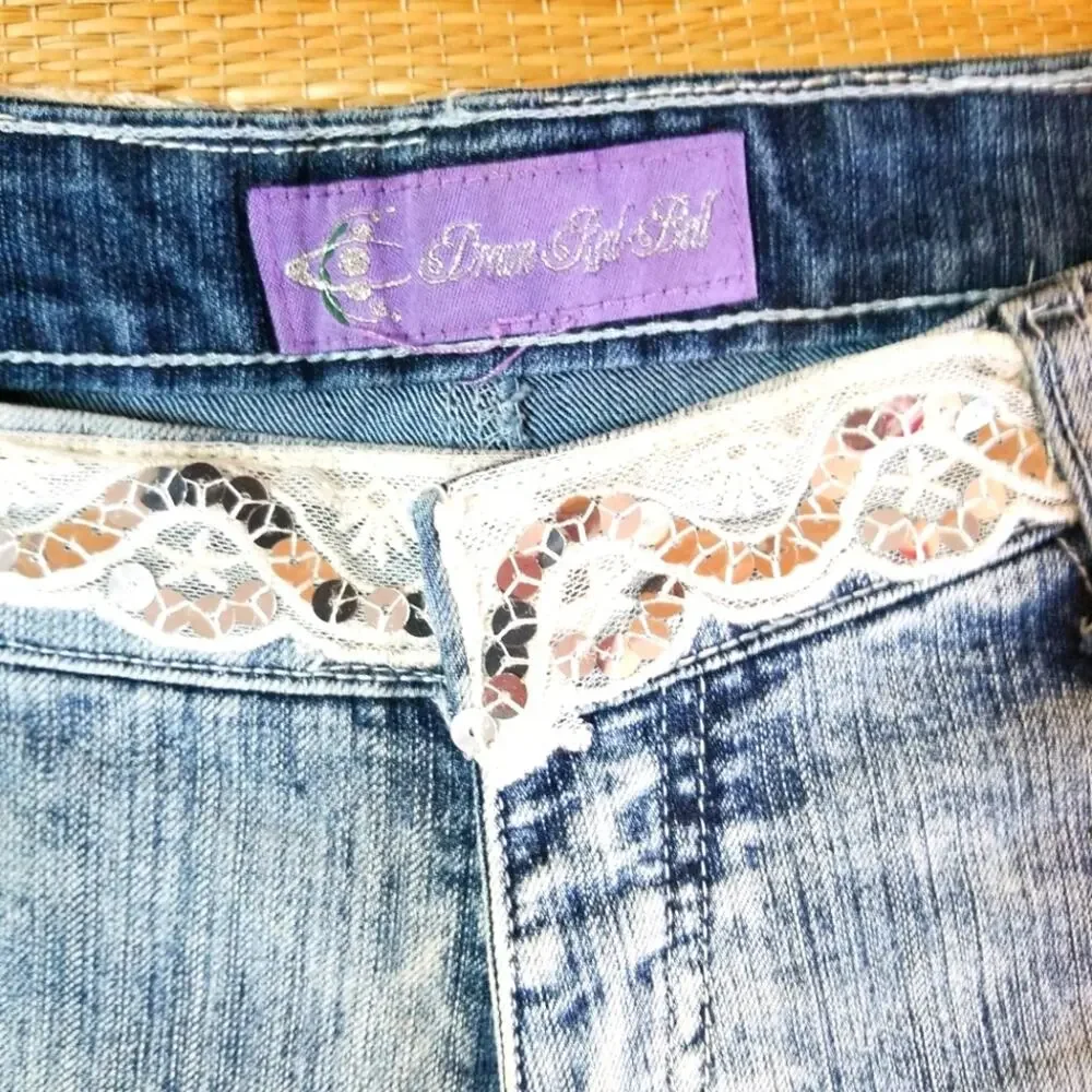 Y2K Dream Red Bell sequin trimmed jean shorts 30